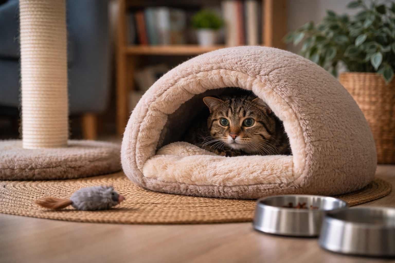 Gato medroso em ambiente seguro usando toca fechada como esconderijo para adaptação
