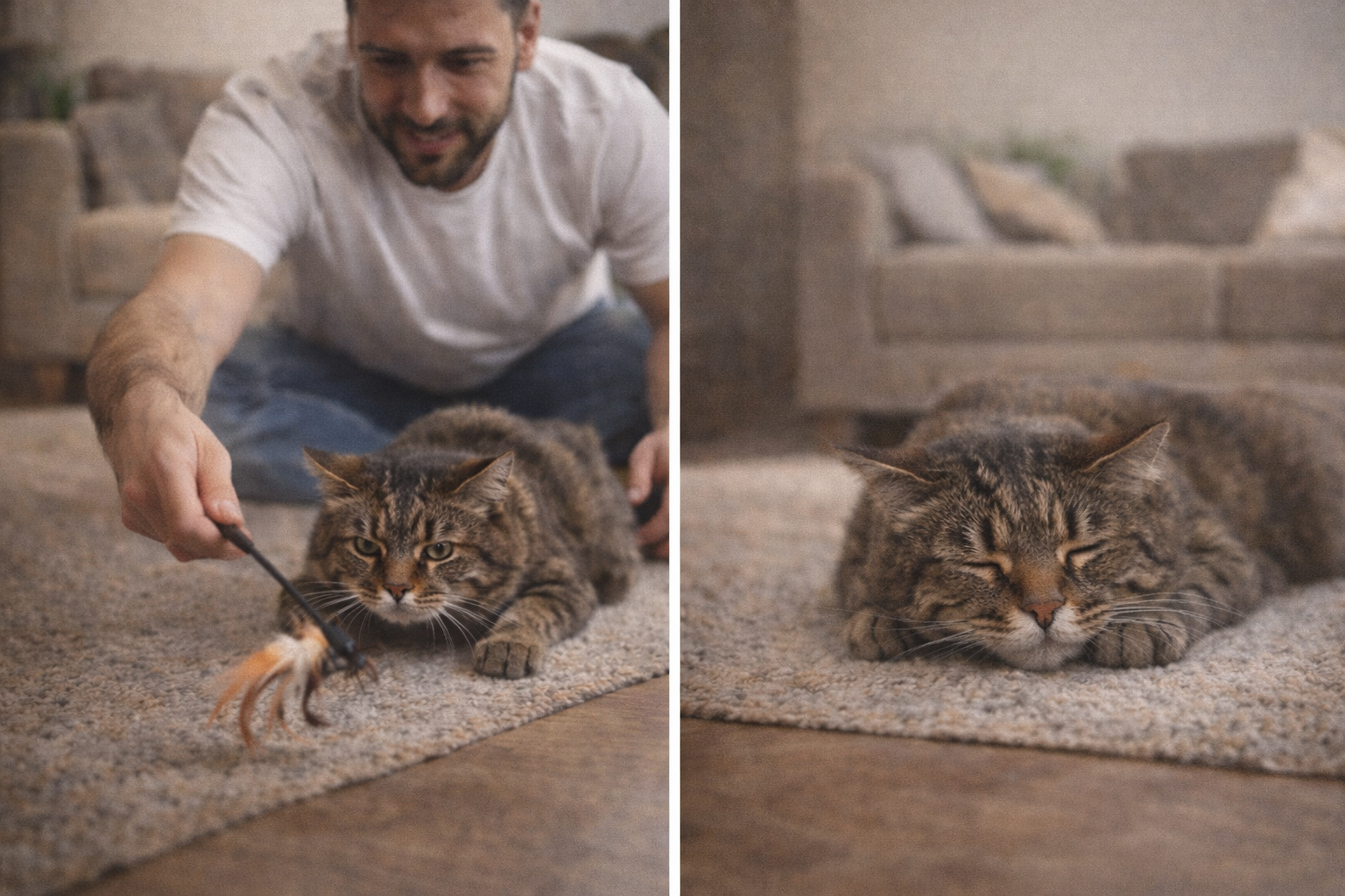 Tutor brincando com gato usando varinha interativa e gato relaxado após a atividade em ambiente interno