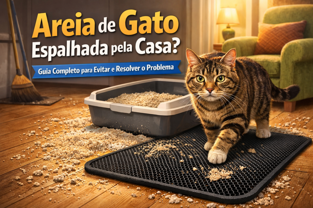 Gato saindo da caixa de areia e espalhando areia pelo chão da casa, com tapete coletor em frente à caixa