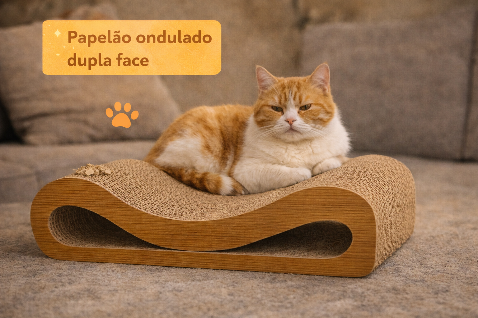 Gato usando arranhador de papelão ondulado para reduzir estresse e relaxar dentro de casa