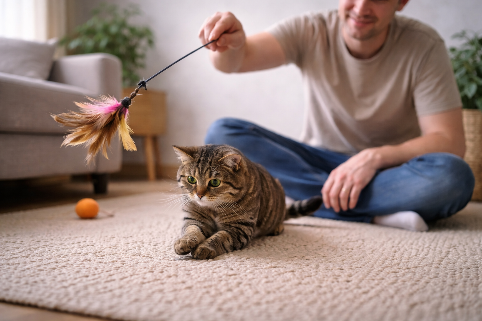 Tutor brincando com gato medroso usando brinquedo de varinha à distância em ambiente calmo