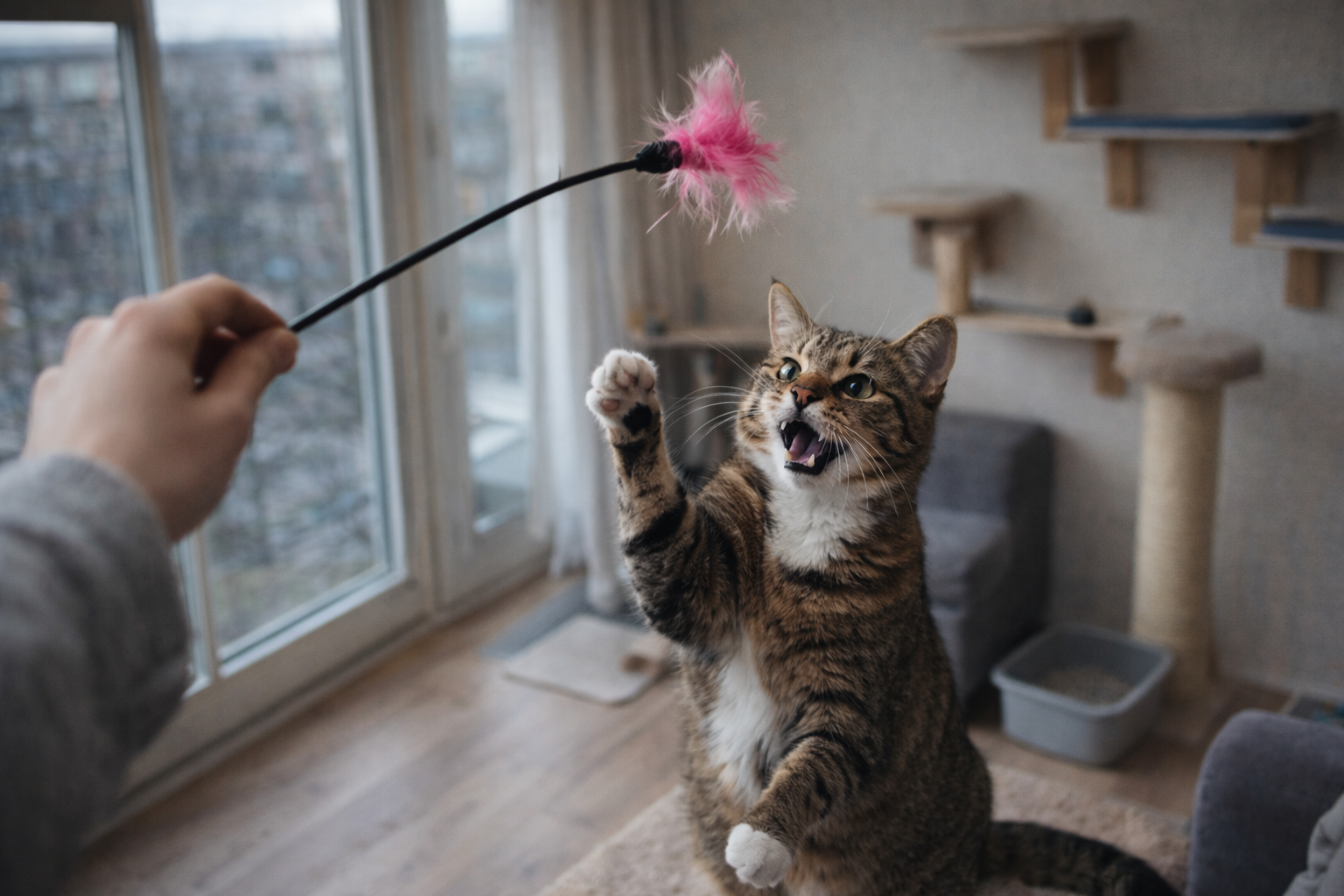Gato brincando com brinquedo interativo dentro de casa, atividade que ajuda a acalmar gato estressado e reduzir miados excessivos