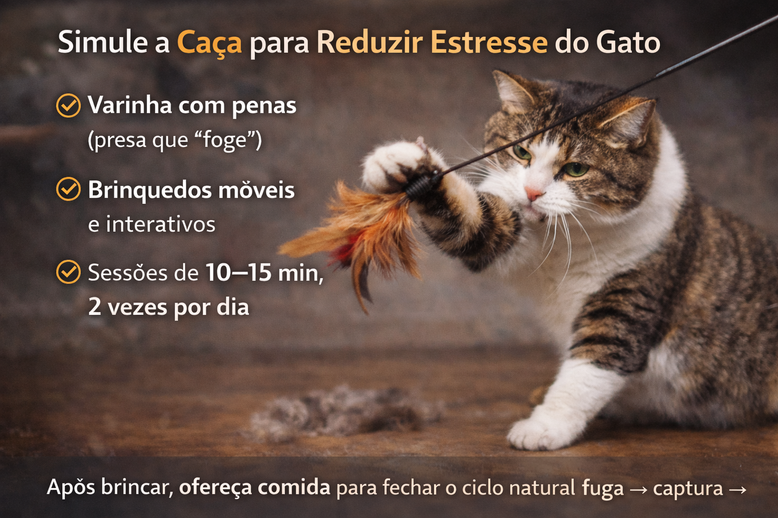 Gato brincando com varinha de penas para simular caça e reduzir estresse e ansiedade felina