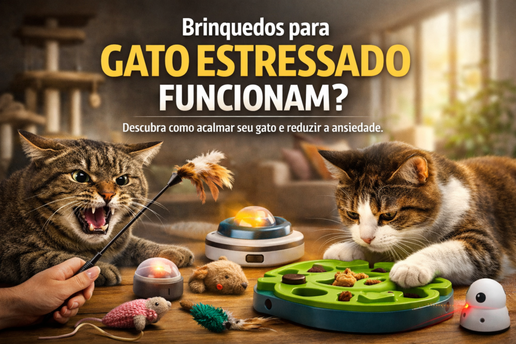 Gato estressado brincando com brinquedos interativos em ambiente interno, demonstrando relaxamento após a atividade