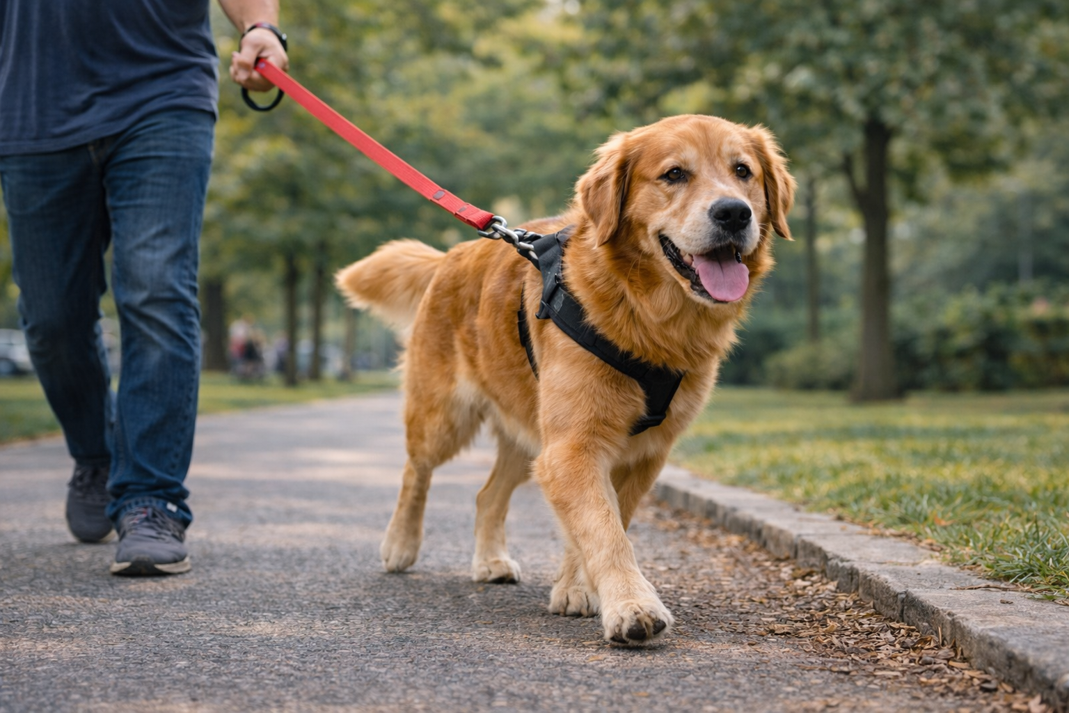 Cachorro adulto caminhando no passeio com guia e peitoral enquanto o tutor acompanha