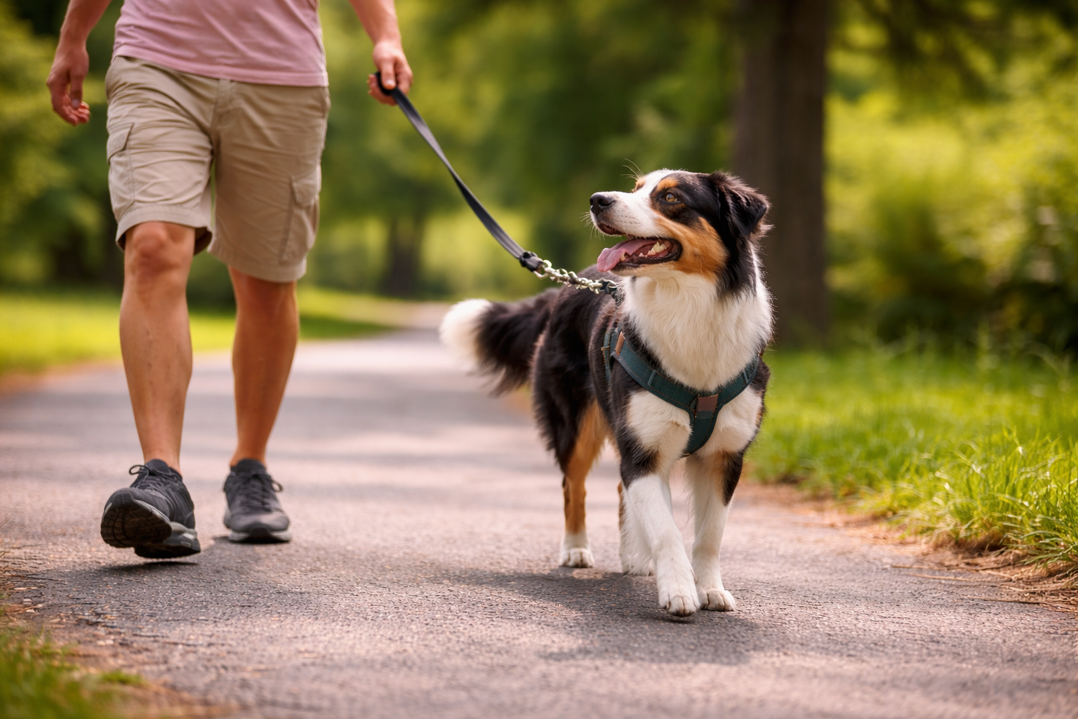 Cachorro da raça pastor australiano andando com a guia frouxa ao lado do tutor durante o passeio