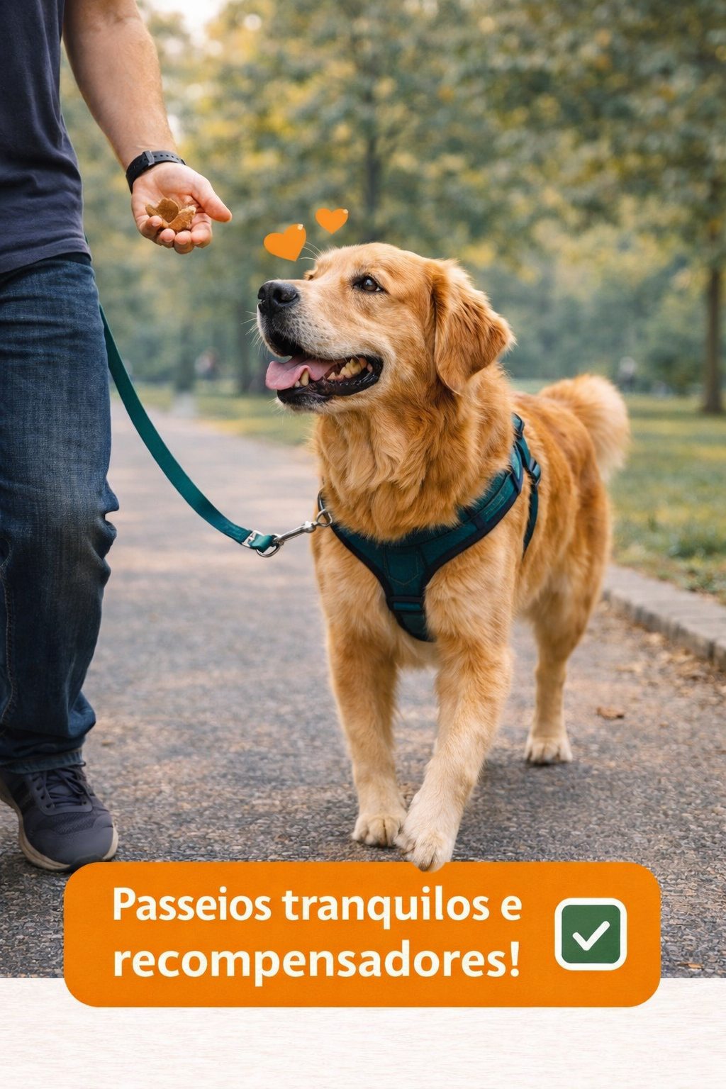 Cachorro andando calmamente no passeio com a guia frouxa ao lado do tutor