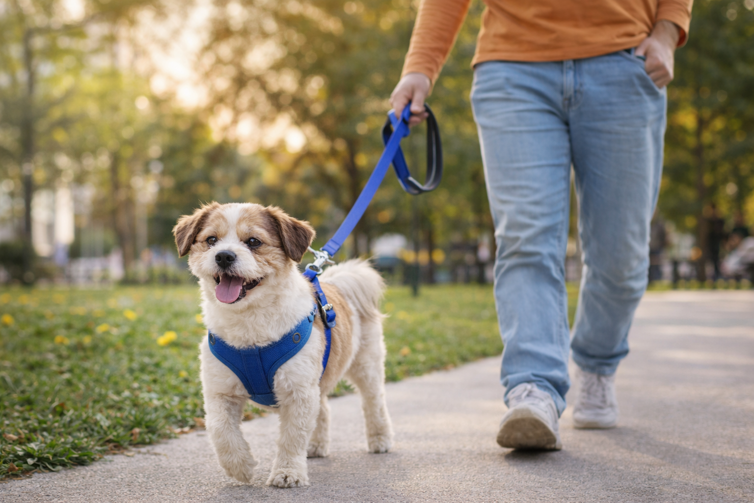 Cachorro passeando com peitoral ajustável que evita pressão na traqueia