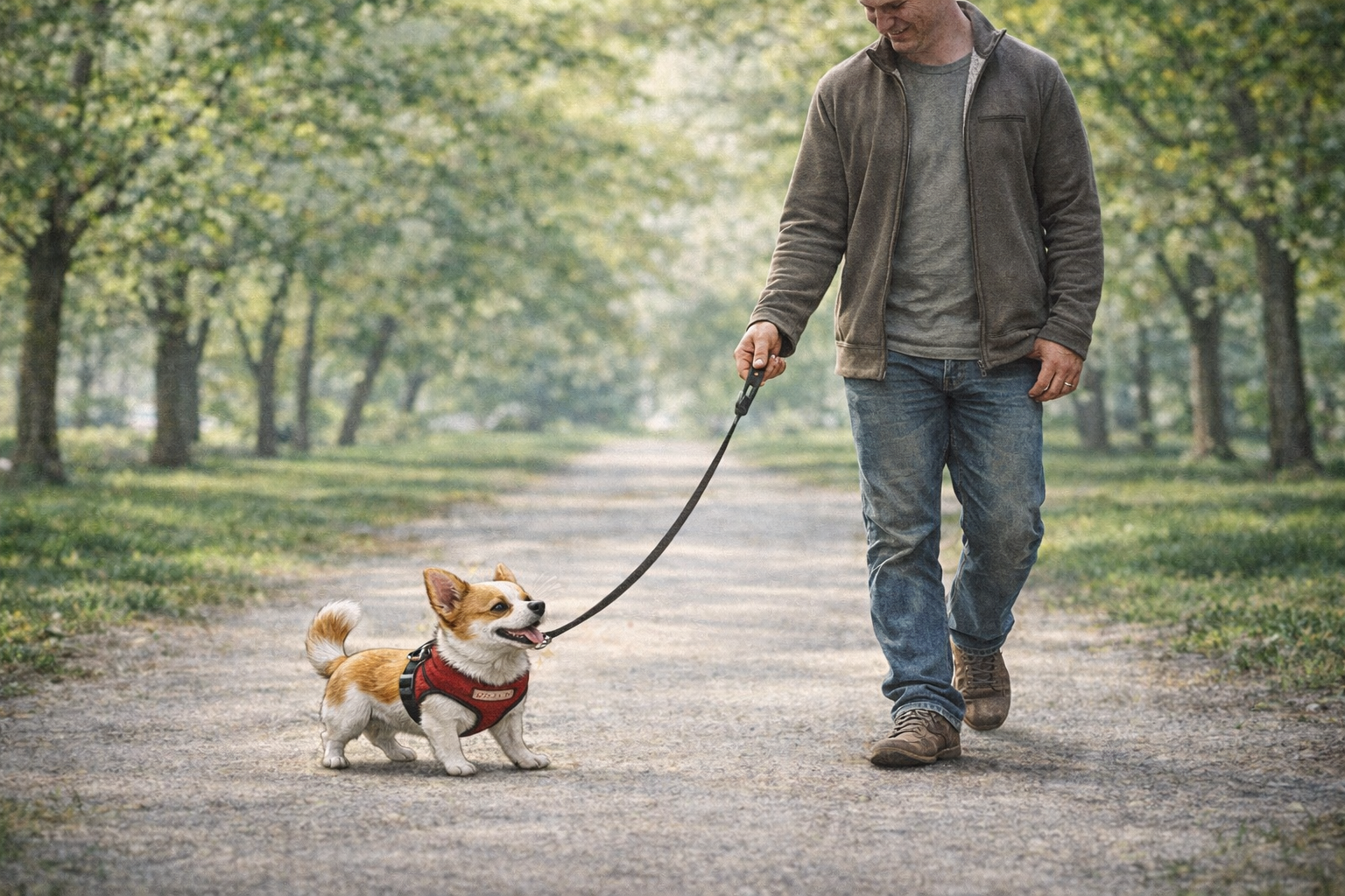 Tutor caminhando tranquilamente com cachorro pequeno na guia frouxa durante o passeio