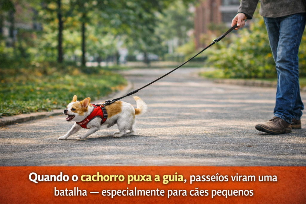 Cachorro pequeno puxando a guia durante o passeio, com peitoral e guia esticada