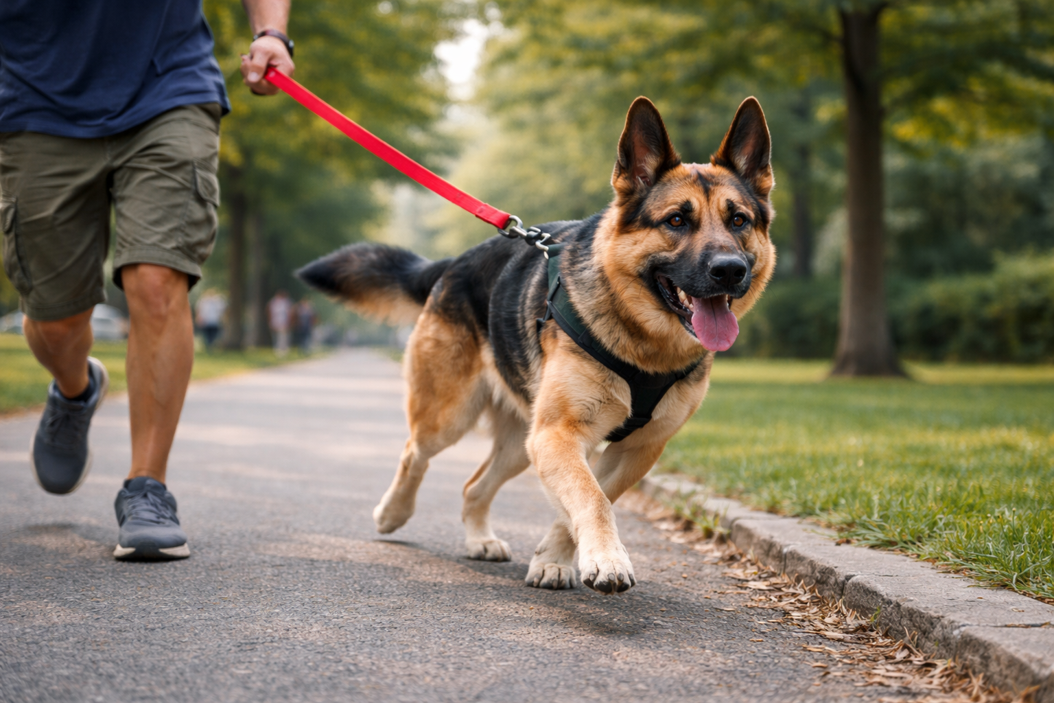 Cachorro puxando a guia no passeio em parque enquanto o tutor segura a coleira