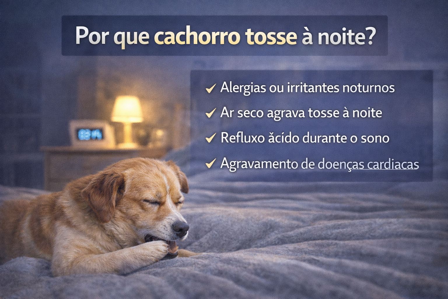 Cachorro tossindo à noite enquanto descansa na cama, ilustrando causas como ar seco, alergias, refluxo e problemas cardíacos