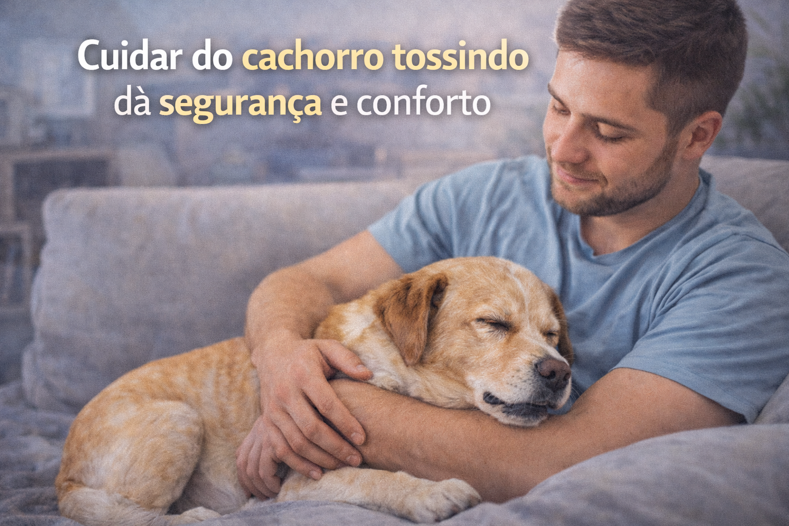 Tutor acariciando um cachorro de forma tranquila, transmitindo cuidado, segurança e atenção ao bem-estar de um cachorro tossindo