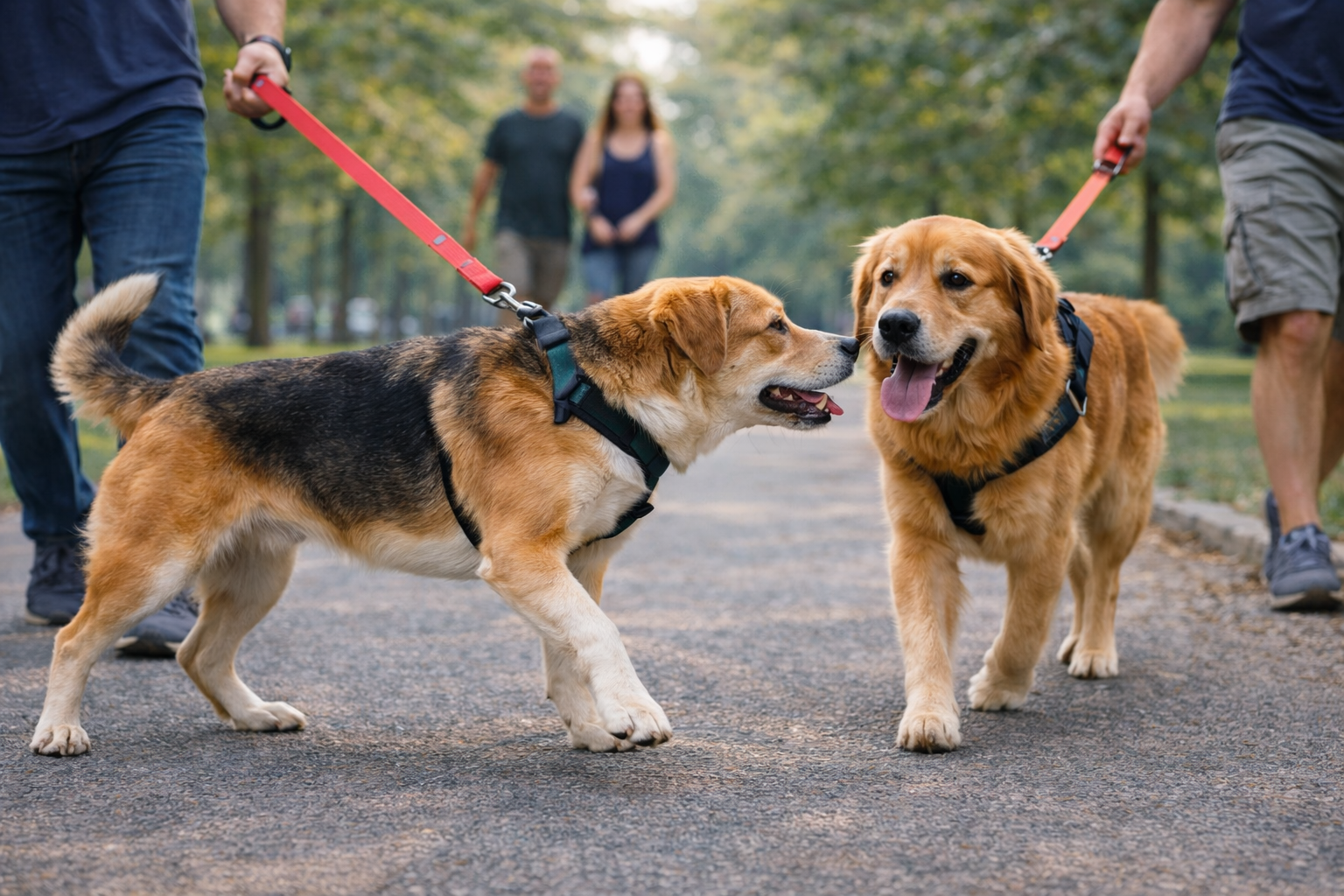 Dois cachorros se encontrando no passeio com guias enquanto puxam para se aproximar