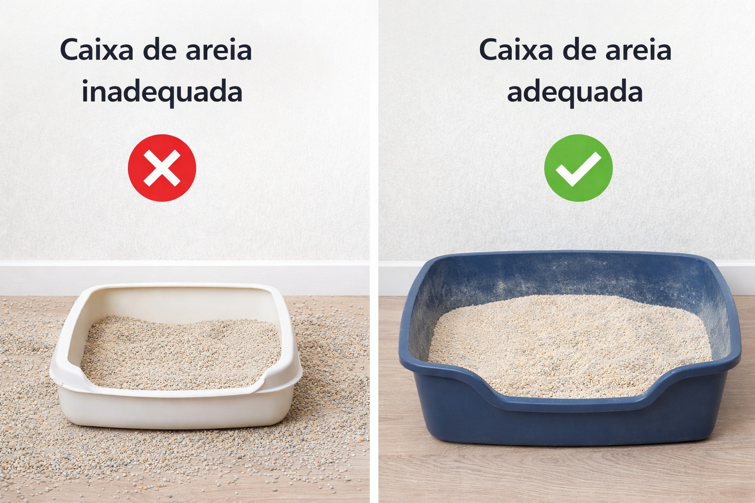 Comparação entre caixa de areia pequena com borda baixa e caixa de areia grande com borda alta, mostrando como o tamanho influencia a sujeira espalhada