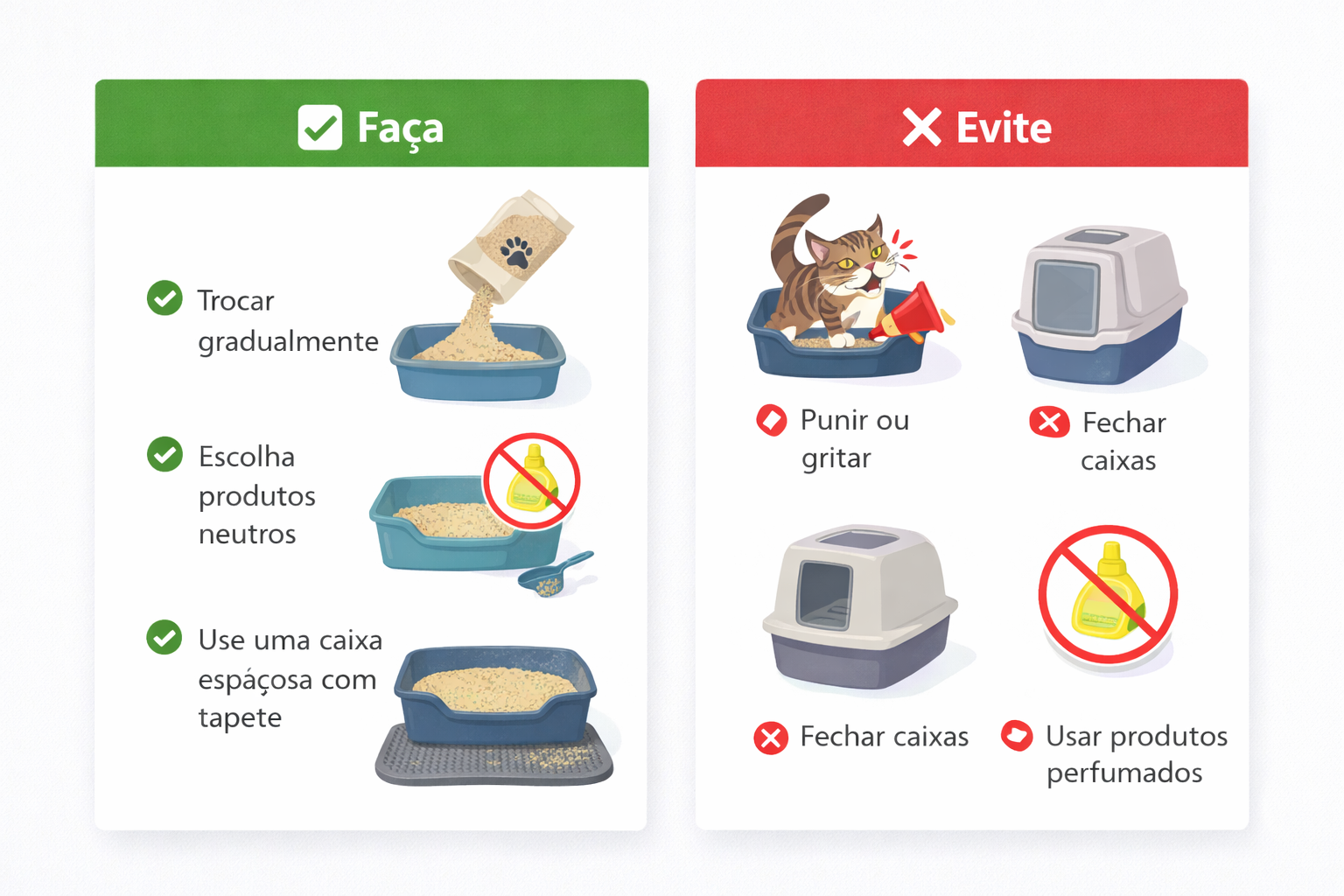 Checklist visual mostrando o que fazer e o que evitar para reduzir areia de gato espalhada pela casa