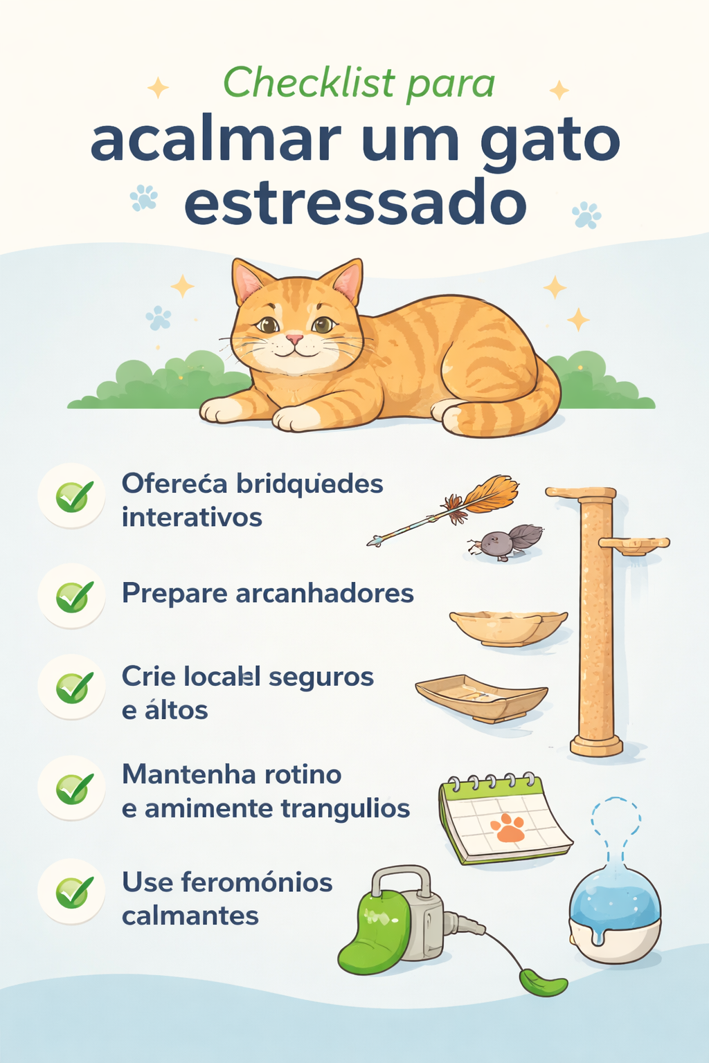 Checklist visual com dicas práticas para acalmar um gato estressado em casa