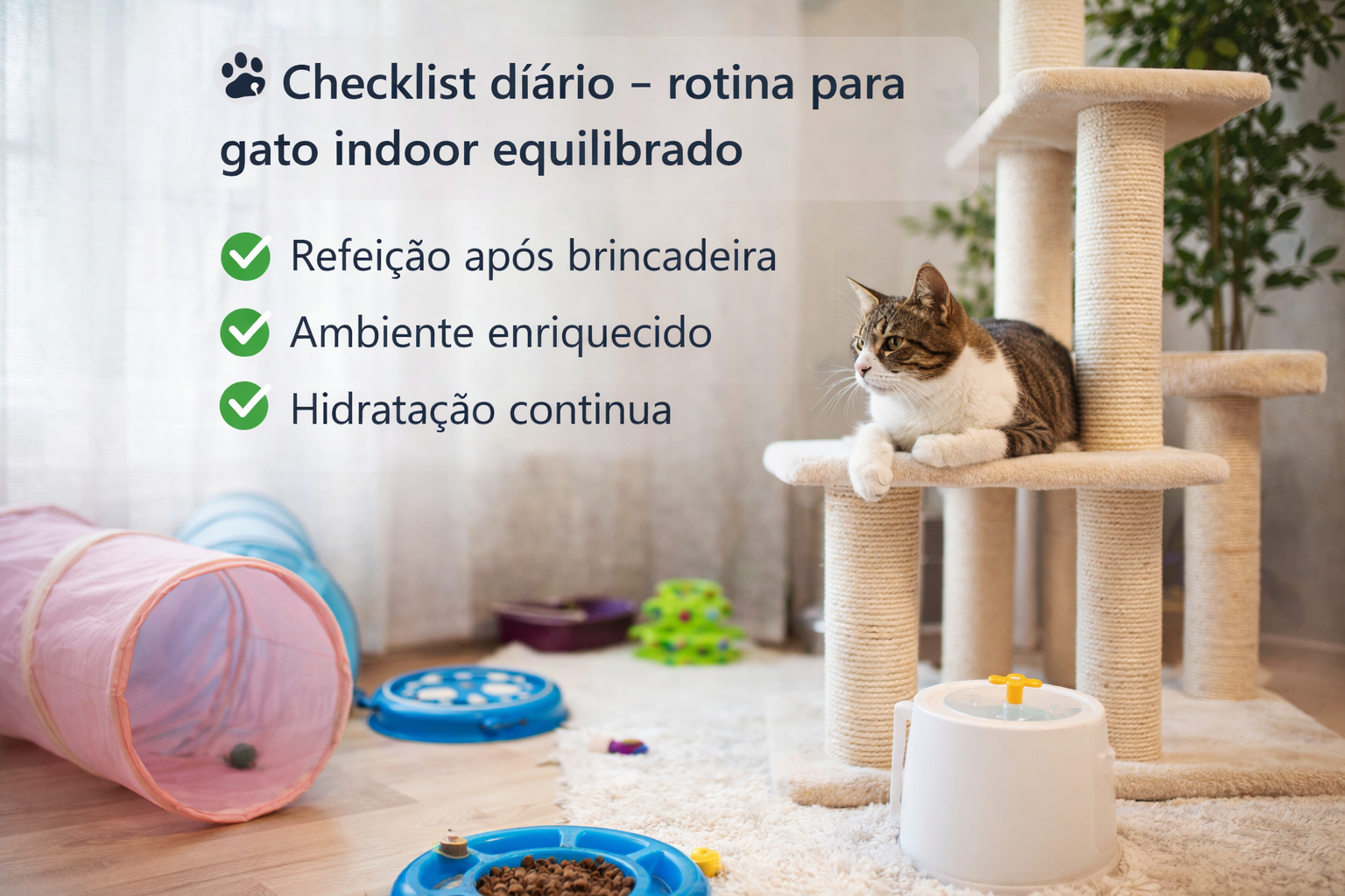 checklist diário da rotina para gato indoor com ambiente enriquecido, hidratação e descanso