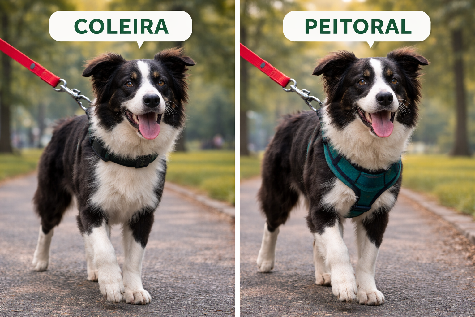 Cachorro usando coleira e peitoral no passeio para comparação de equipamentos