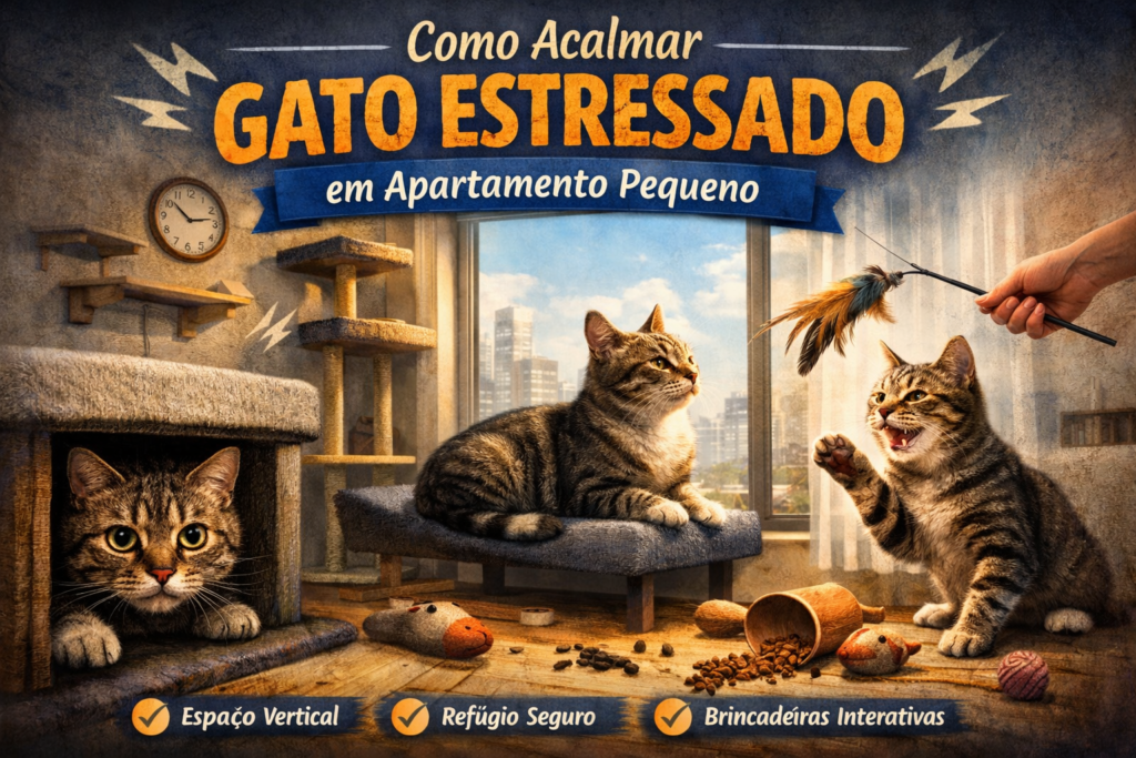 Gato estressado em apartamento pequeno observando o ambiente com postura de alerta e ansiedade