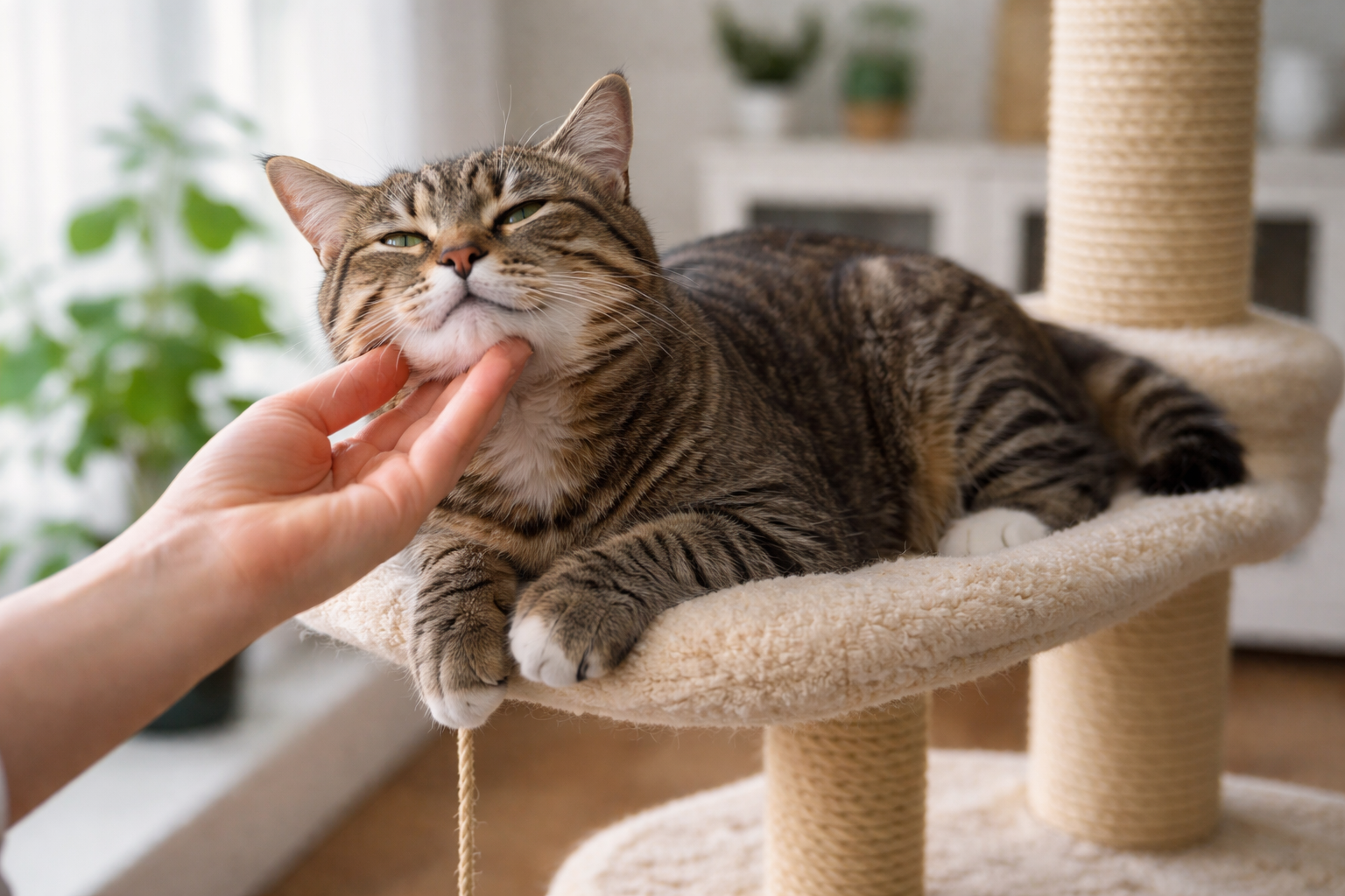 Gato relaxado em ambiente interno com enriquecimento ambiental, arranhador e postura tranquila