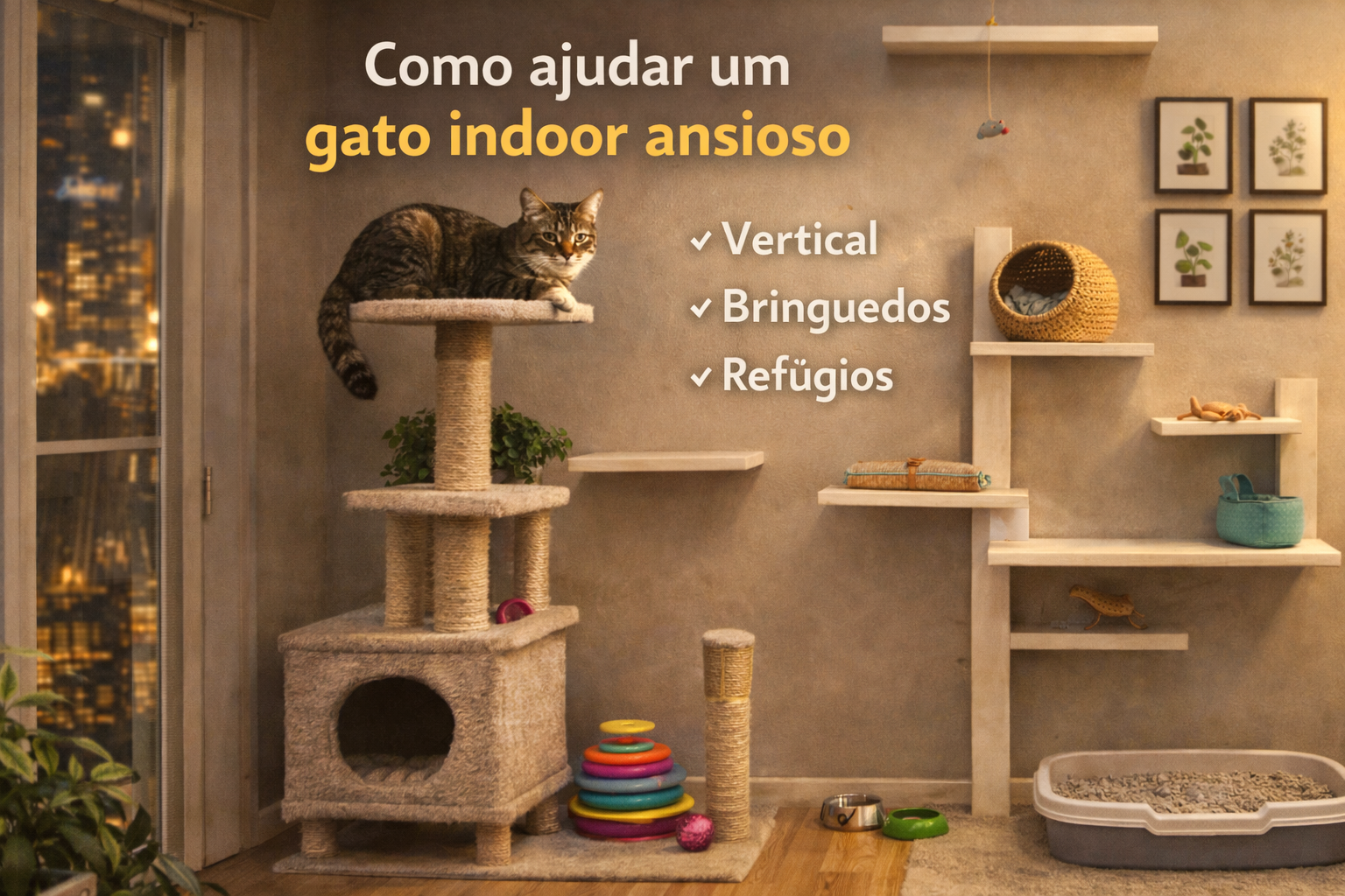 Ambiente indoor com território vertical, brinquedos e refúgios para ajudar gato ansioso