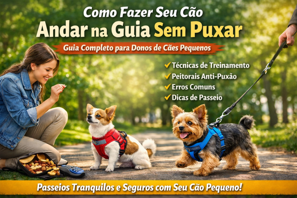Tutor caminhando com cachorro pequeno usando peitoral anti-puxão e guia frouxa durante o passeio
