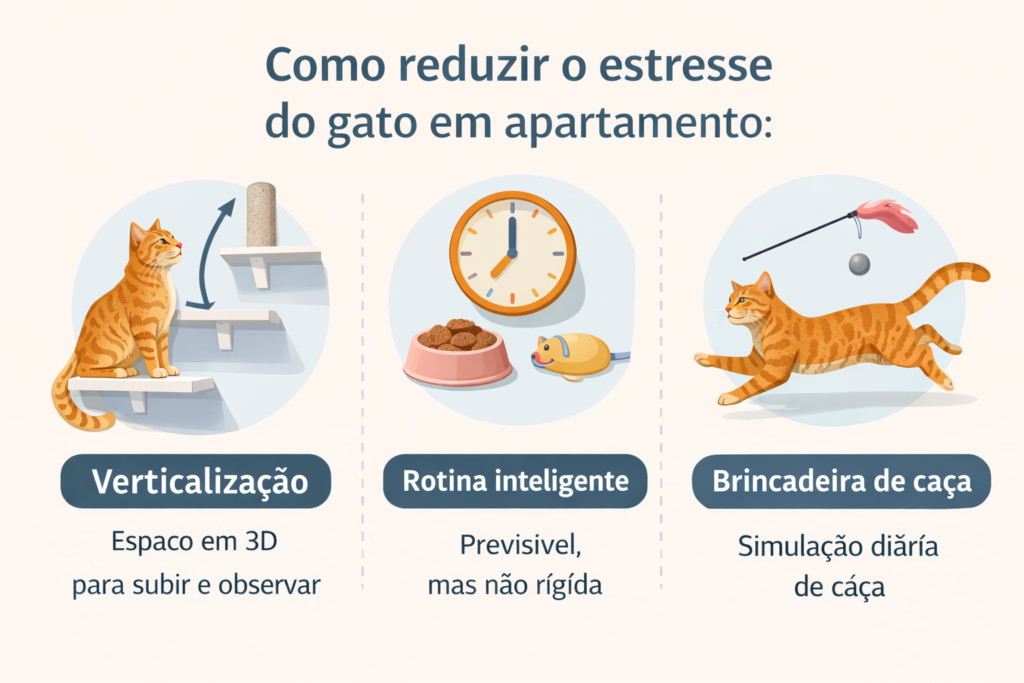 Checklist visual com passos para acalmar gato estressado em apartamento e reduzir ansiedade no dia a dia