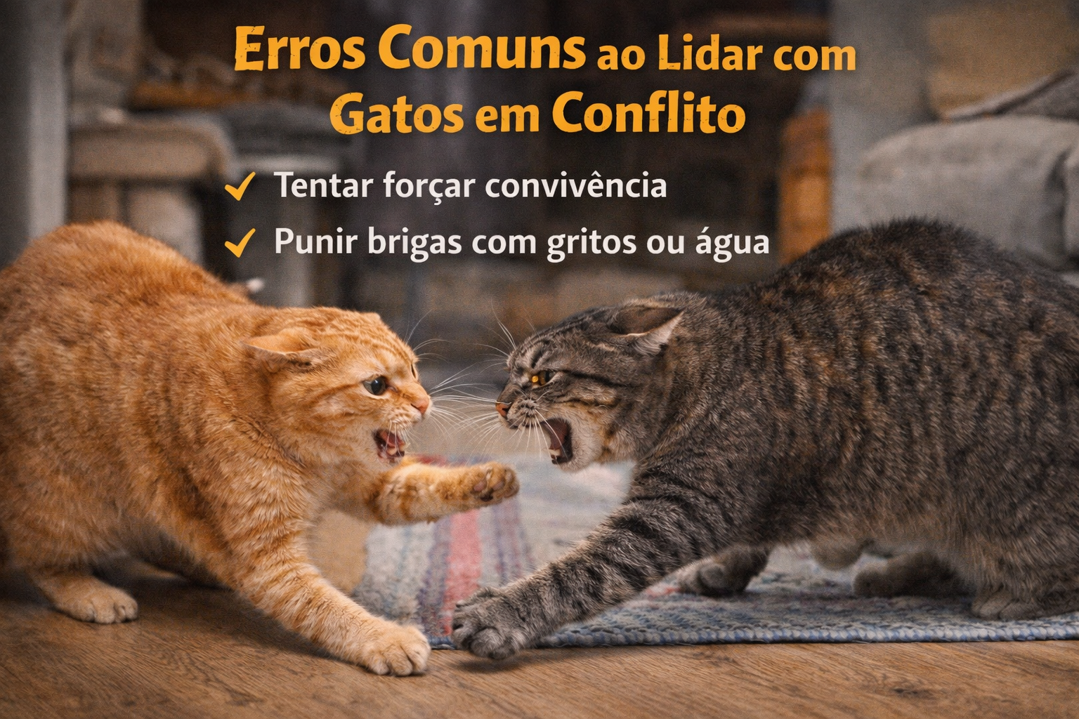 Conflito entre gatos domésticos com briga e sinais de estresse dentro de casa