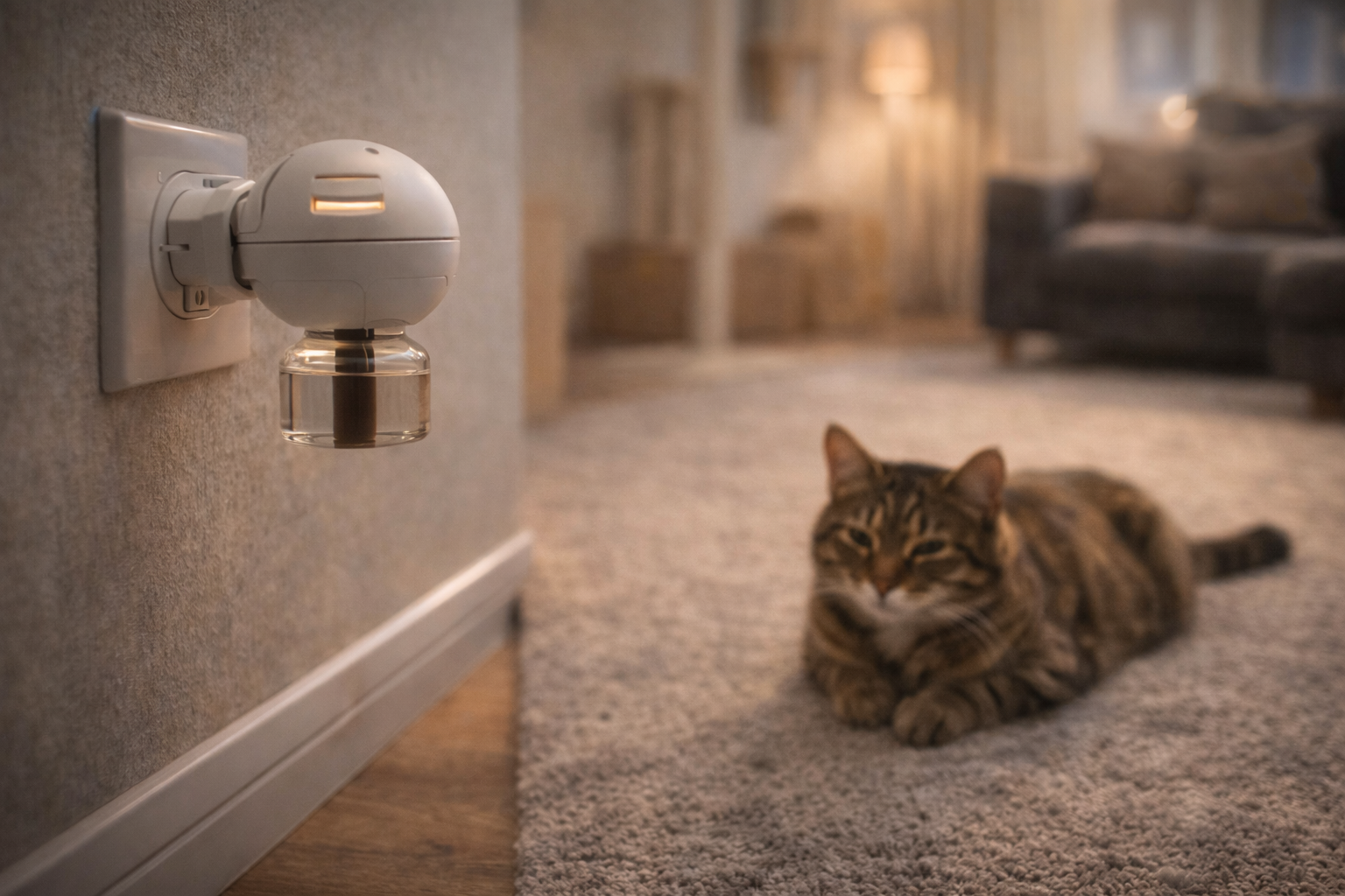 Difusor de feromônio ajudando gato estressado após mudança a se acalmar