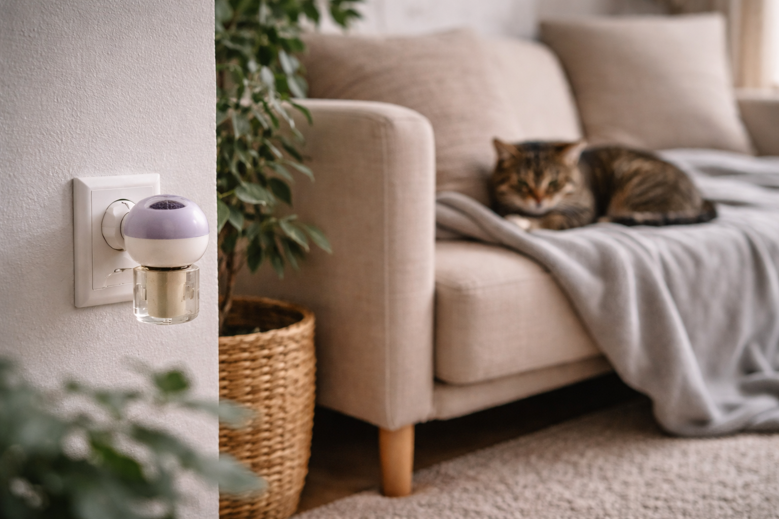 Difusor de feromônio felino em ambiente doméstico calmo com gato medroso relaxando no sofá