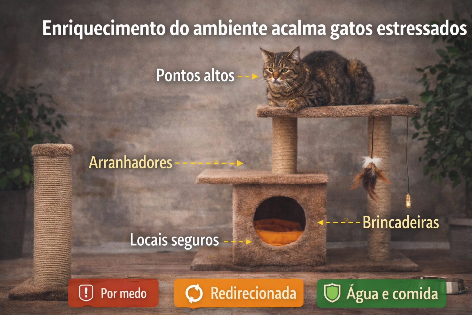 Enriquecimento ambiental com arranhadores, pontos altos e brinquedos ajudando a acalmar um gato estressado