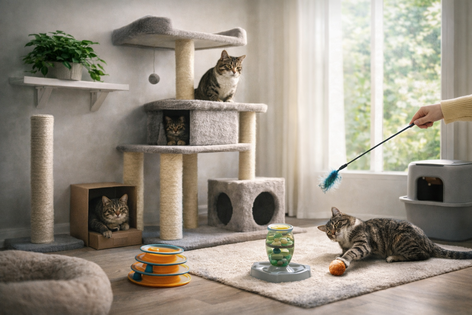 Ambiente com arranhador, prateleiras e brinquedos que ajudam o gato a reduzir o estresse e se sentir seguro