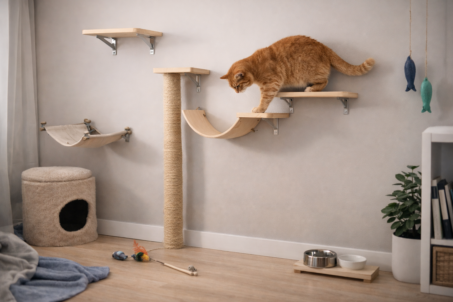 Gato estressado utilizando enriquecimento ambiental com prateleiras e arranhador.