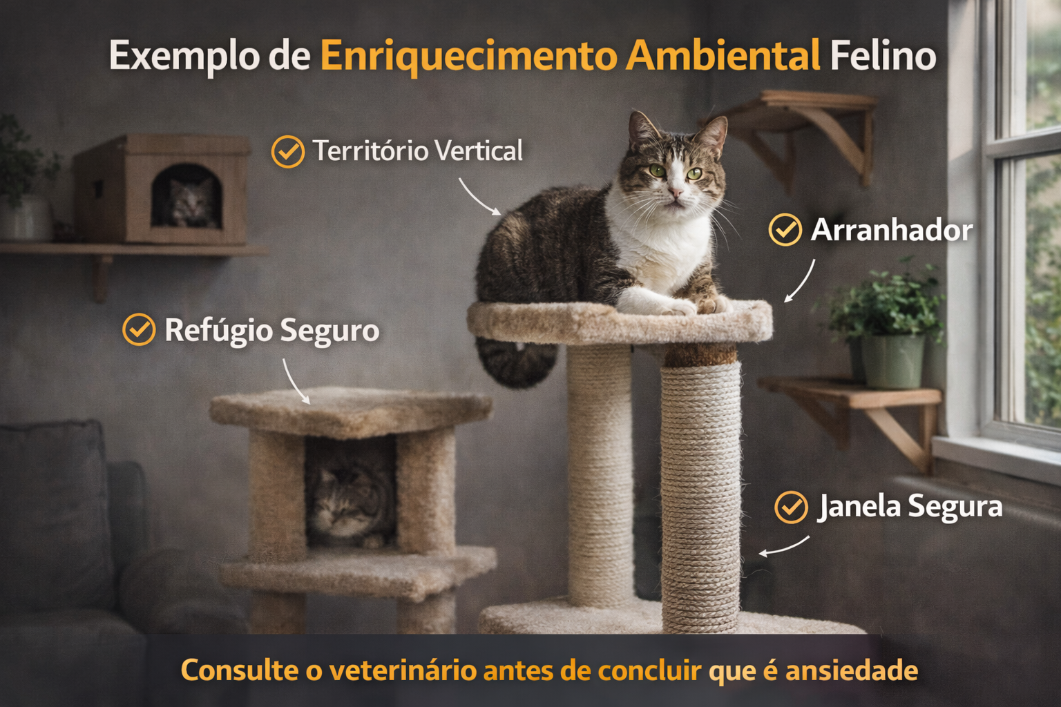 Enriquecimento ambiental para gato estressado, com arranhador, prateleiras elevadas e espaço seguro para descanso