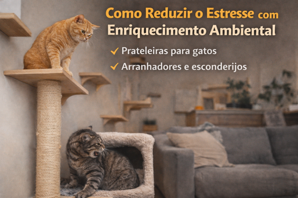 Enriquecimento ambiental com prateleiras e arranhadores para reduzir estresse entre gatos