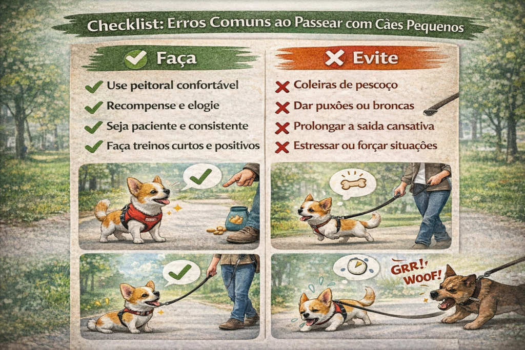 Imagem comparando o que fazer e o que evitar quando o cachorro puxa a guia