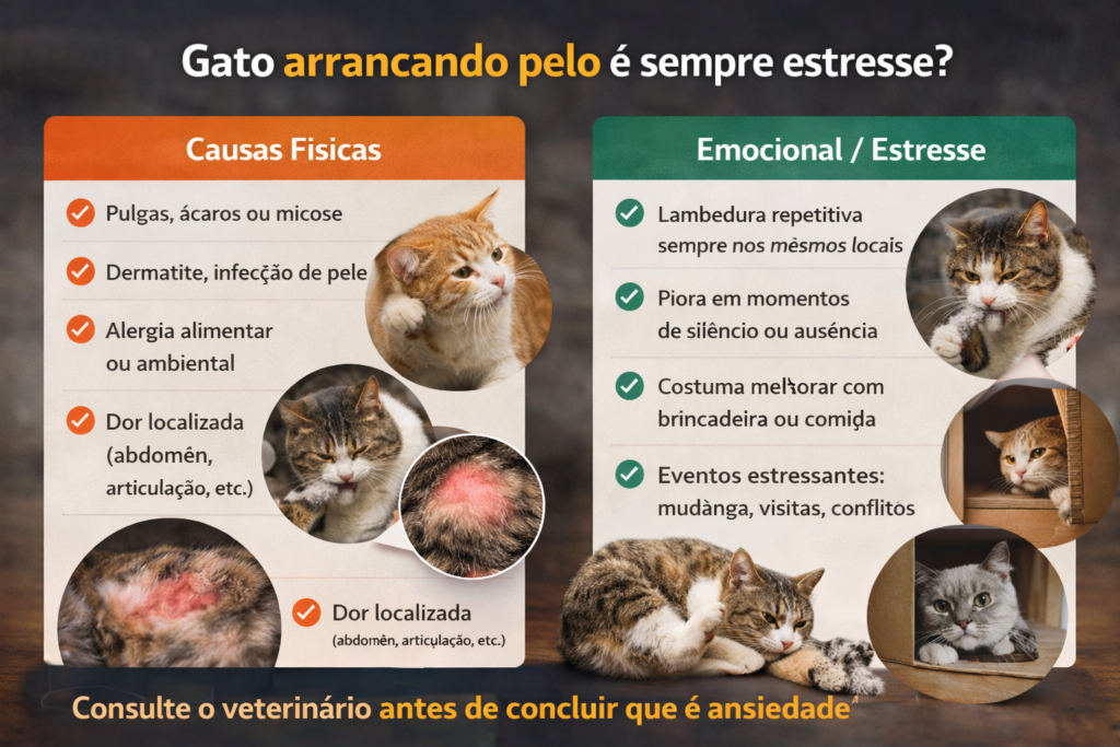 Comparação entre causas físicas e emocionais em gato arrancando pelo, destacando quando é estresse e quando é problema de saúde