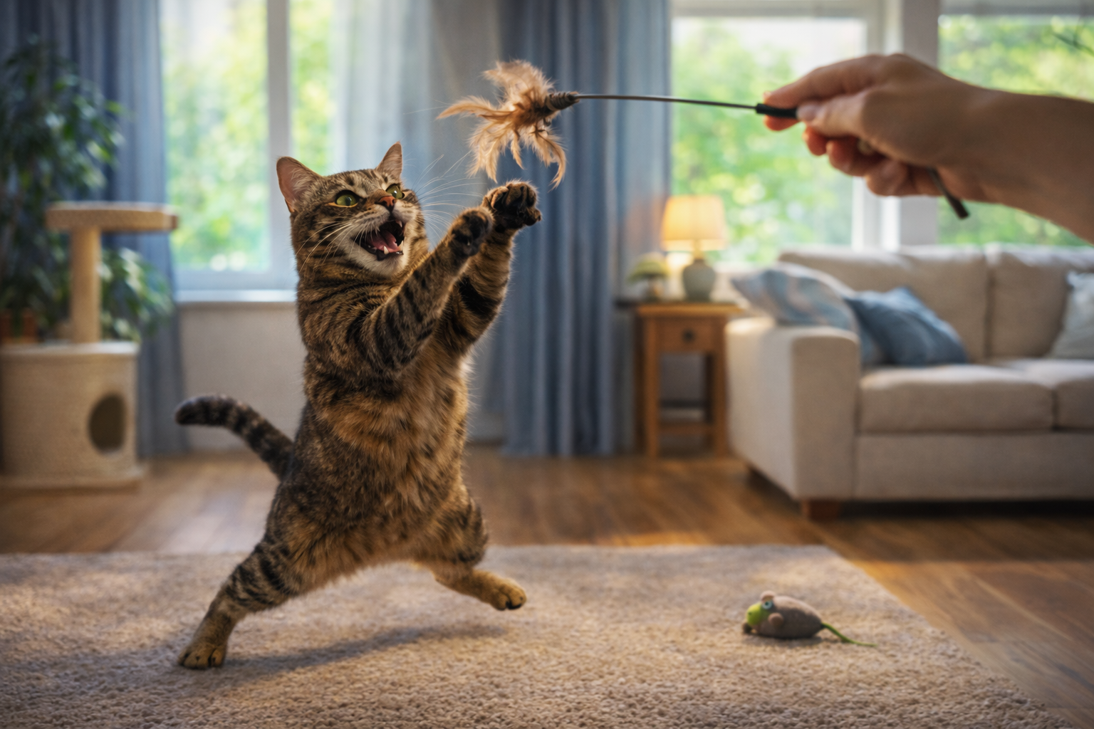 Gato brincando durante o dia com varinha, gastando energia e recebendo estímulo físico e mental