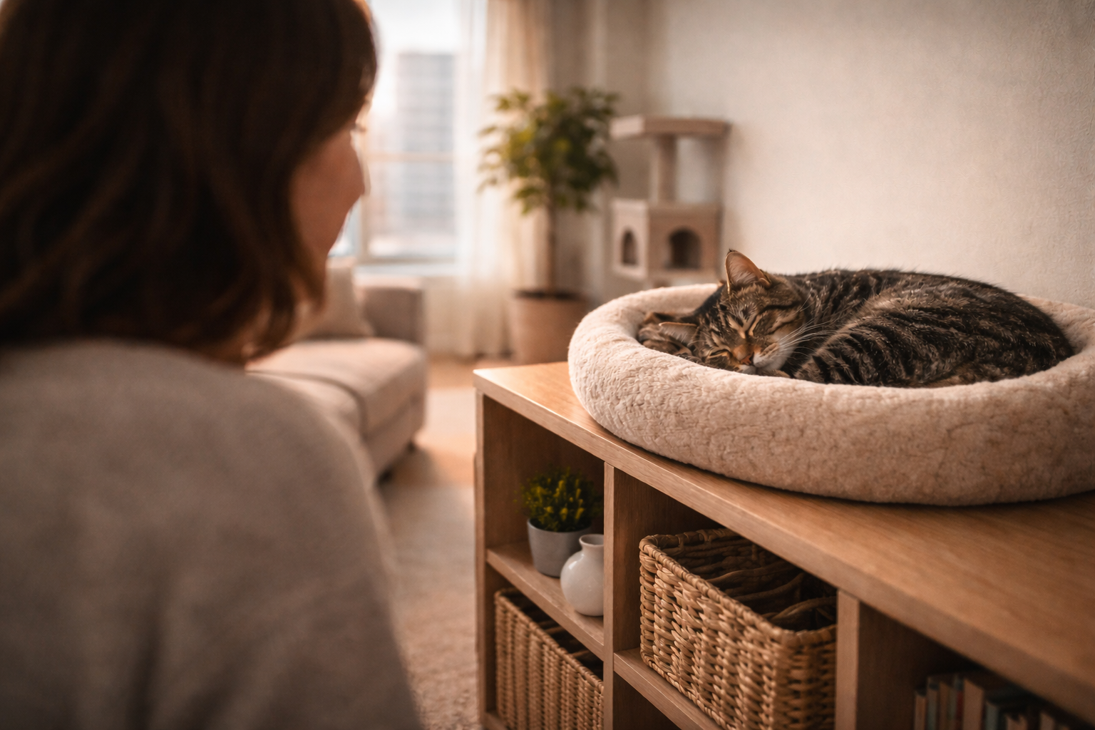 Gato relaxado em ambiente tranquilo enquanto a tutora observa em apartamento pequeno