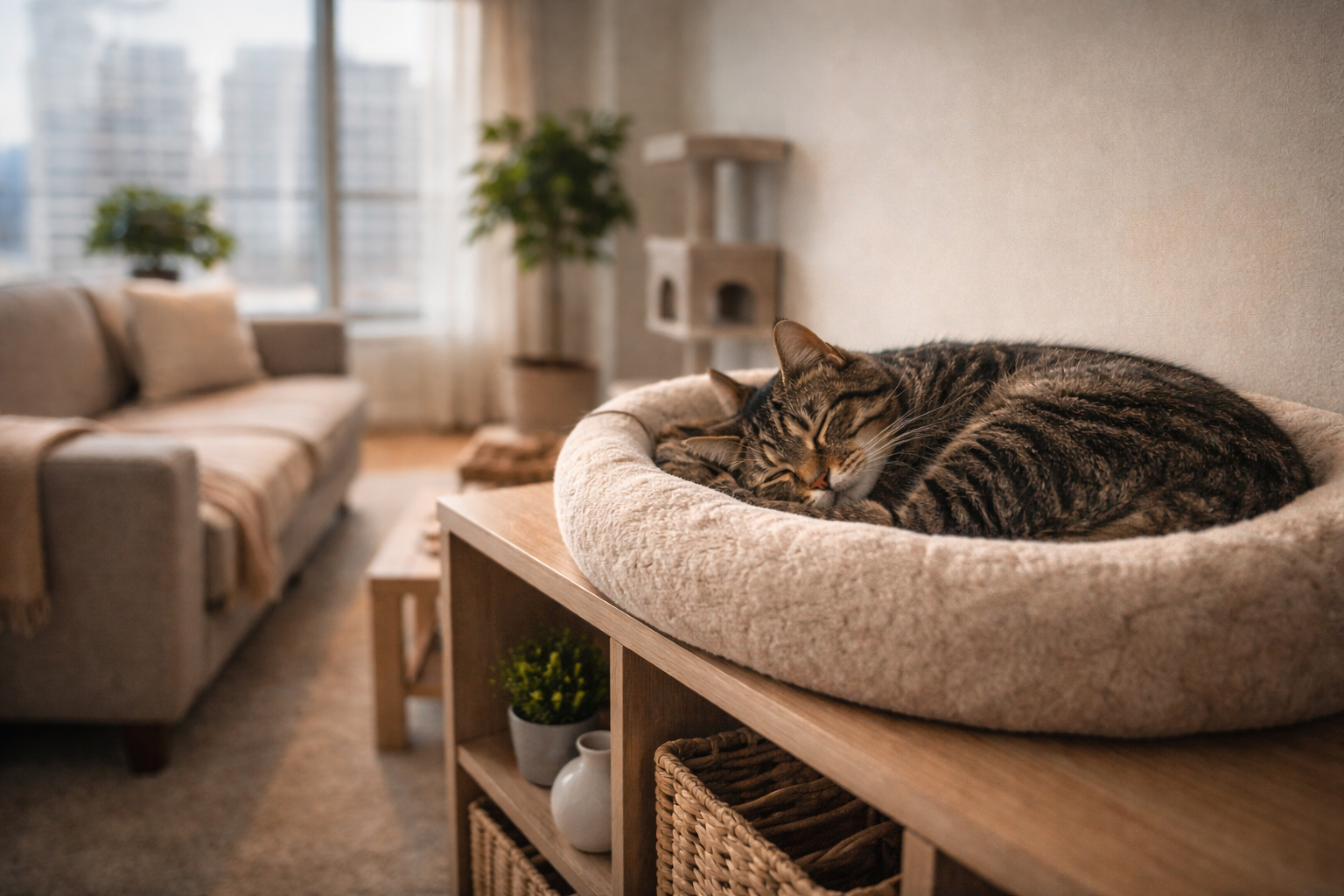 Gato dormindo relaxado em ambiente tranquilo dentro de apartamento pequeno