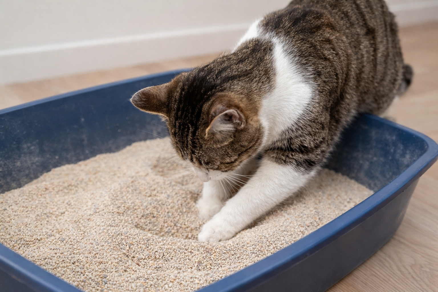 Gato cavando a areia dentro da caixa de areia, provocando areia de gato espalhada pela casa, demonstrando comportamento instintivo que pode espalhar areia pela casa