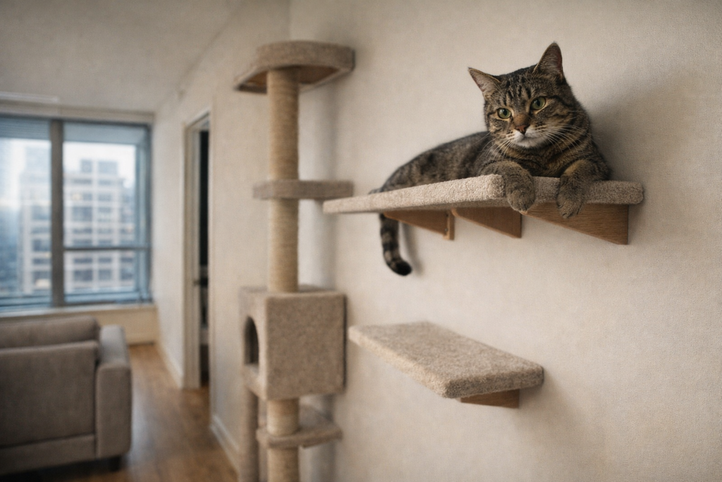 Gato observando o ambiente do alto em prateleira vertical dentro de apartamento pequeno