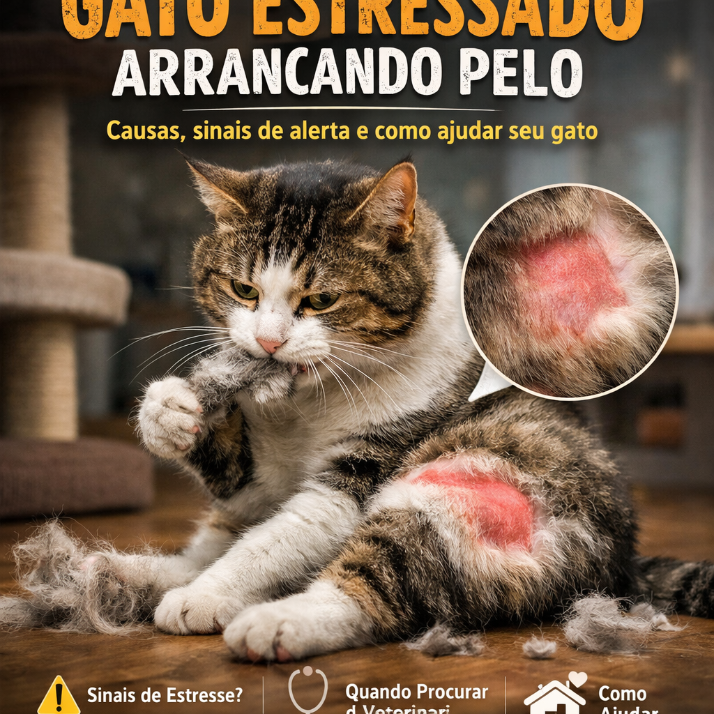 Gato estressado arrancando o próprio pelo por ansiedade, com falhas de pelo visíveis na pele