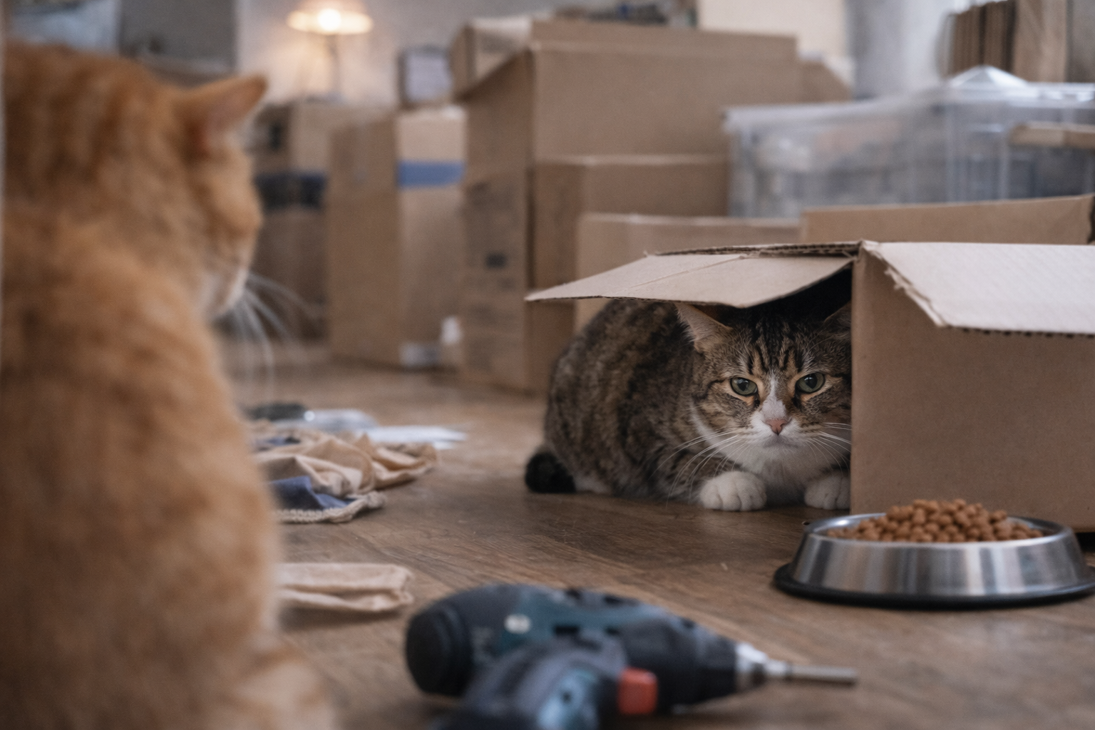Gato estressado se escondendo por conflito com outro gato e ambiente desorganizado