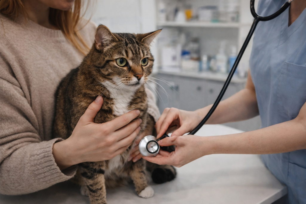 Gato estressado sendo avaliado por veterinário em clínica, indicado quando miado excessivo persiste ou há sinais de dor