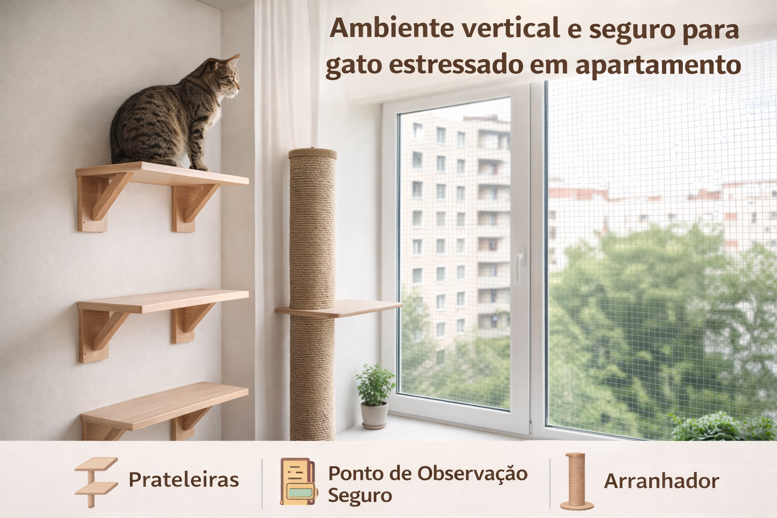 gato estressado em apartamento usando prateleiras e arranhador