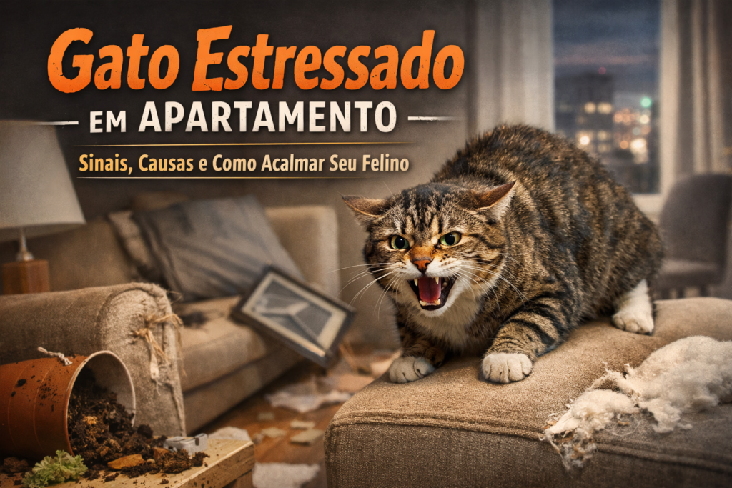 Gato estressado dentro de apartamento, com postura defensiva e sinais de ansiedade no ambiente interno