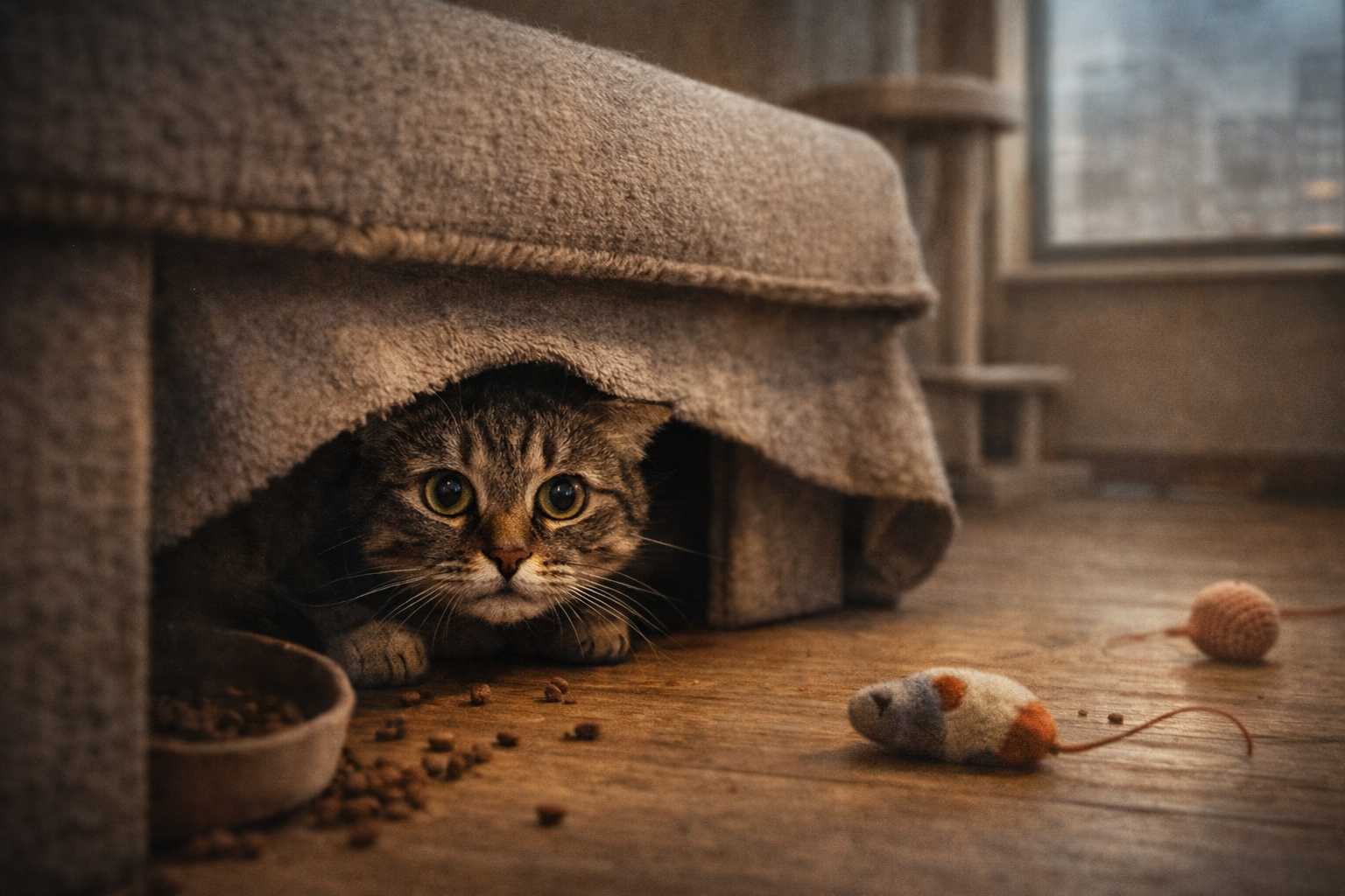 Gato estressado se escondendo em apartamento pequeno com postura de medo e orelhas para trás