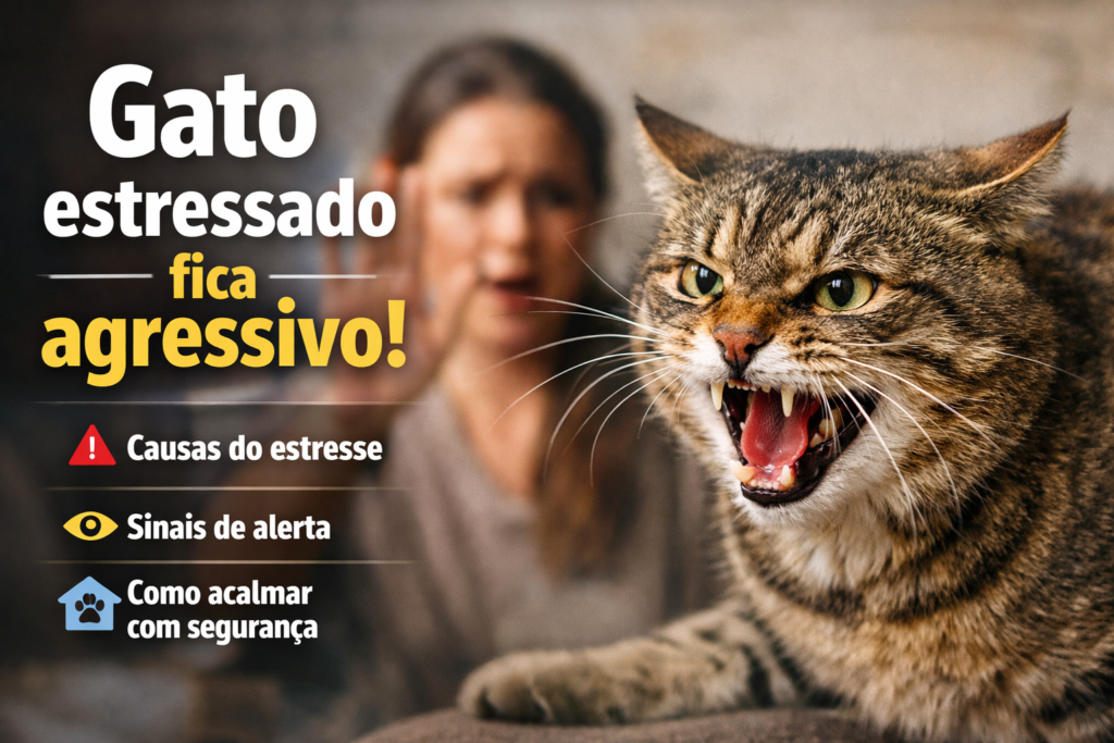 Gato estressado ficando agressivo ao rosnar para a tutora dentro de casa